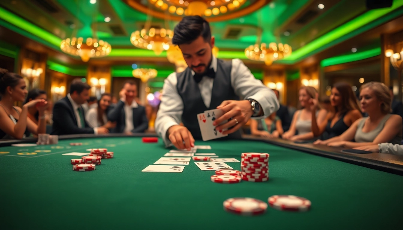 Engaging Blackjack Casino scene with a dealer showcasing card skills at an elegant gaming table.
