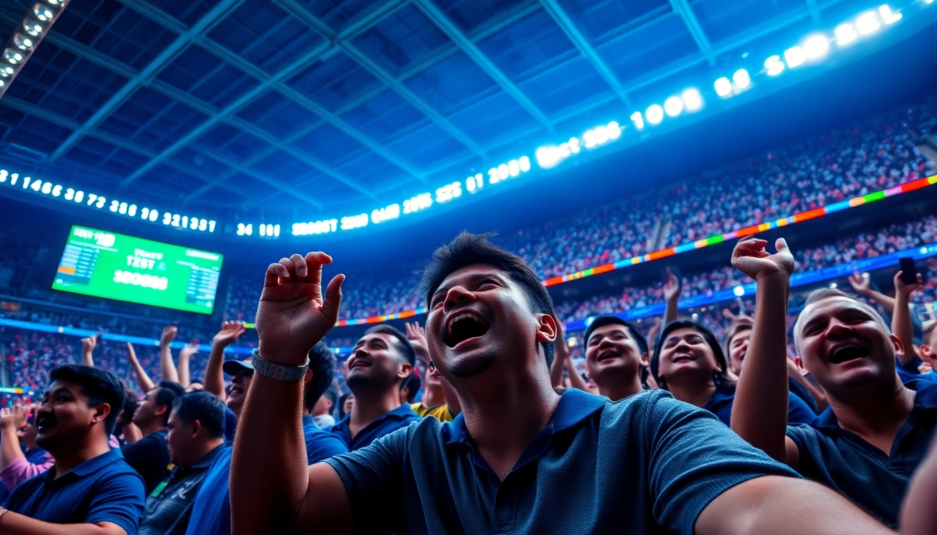 Tampilkan SBOBET88 dalam aksi taruhan olahraga dengan penggemar antusias di stadion.