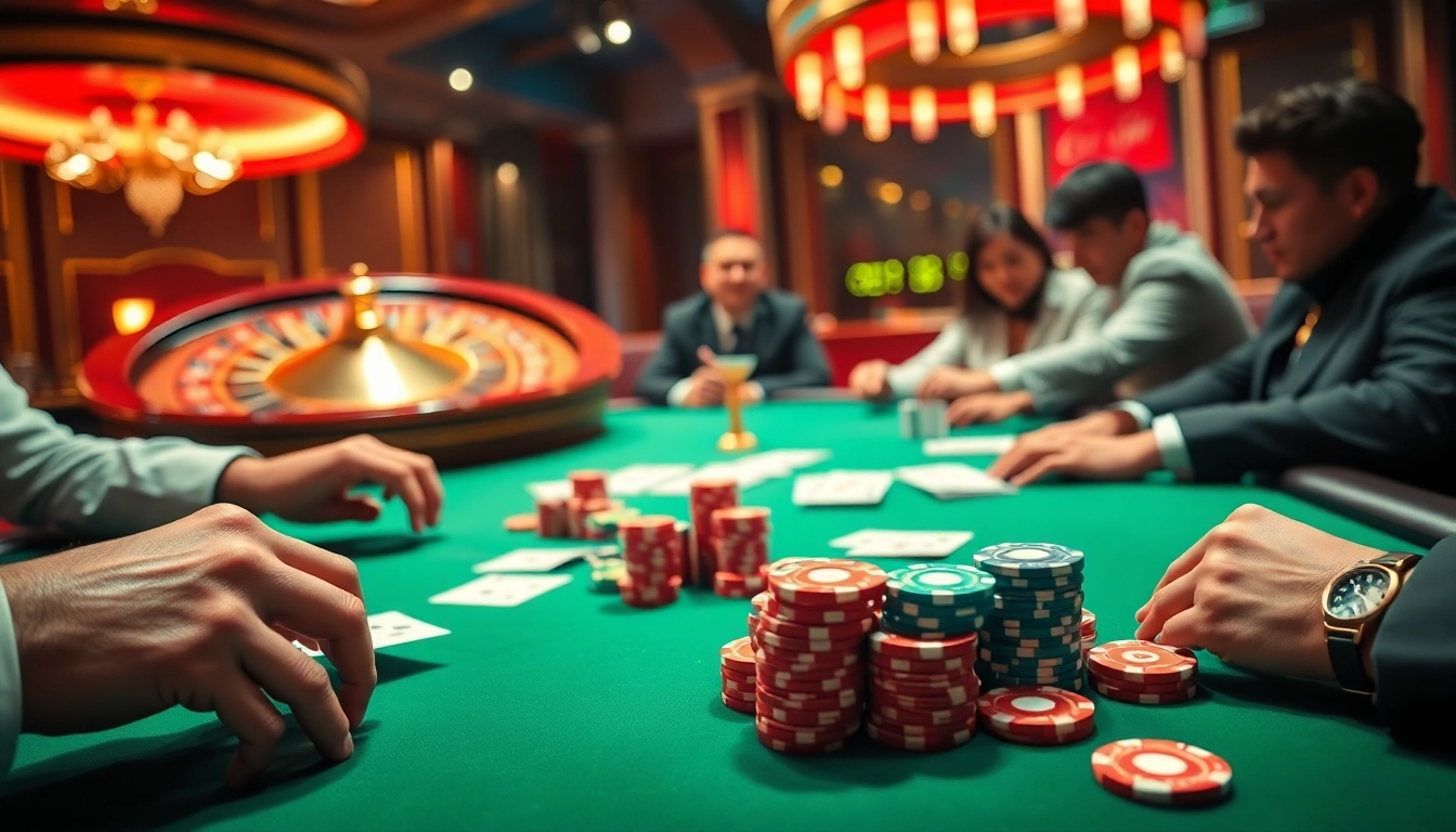 Excited players at a poker table with C168 chips during a high-stakes game.