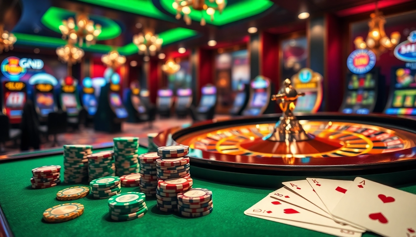 Action-packed scene featuring Nhà Cái TG88 poker chips and roulette wheel in a luxurious casino setting.