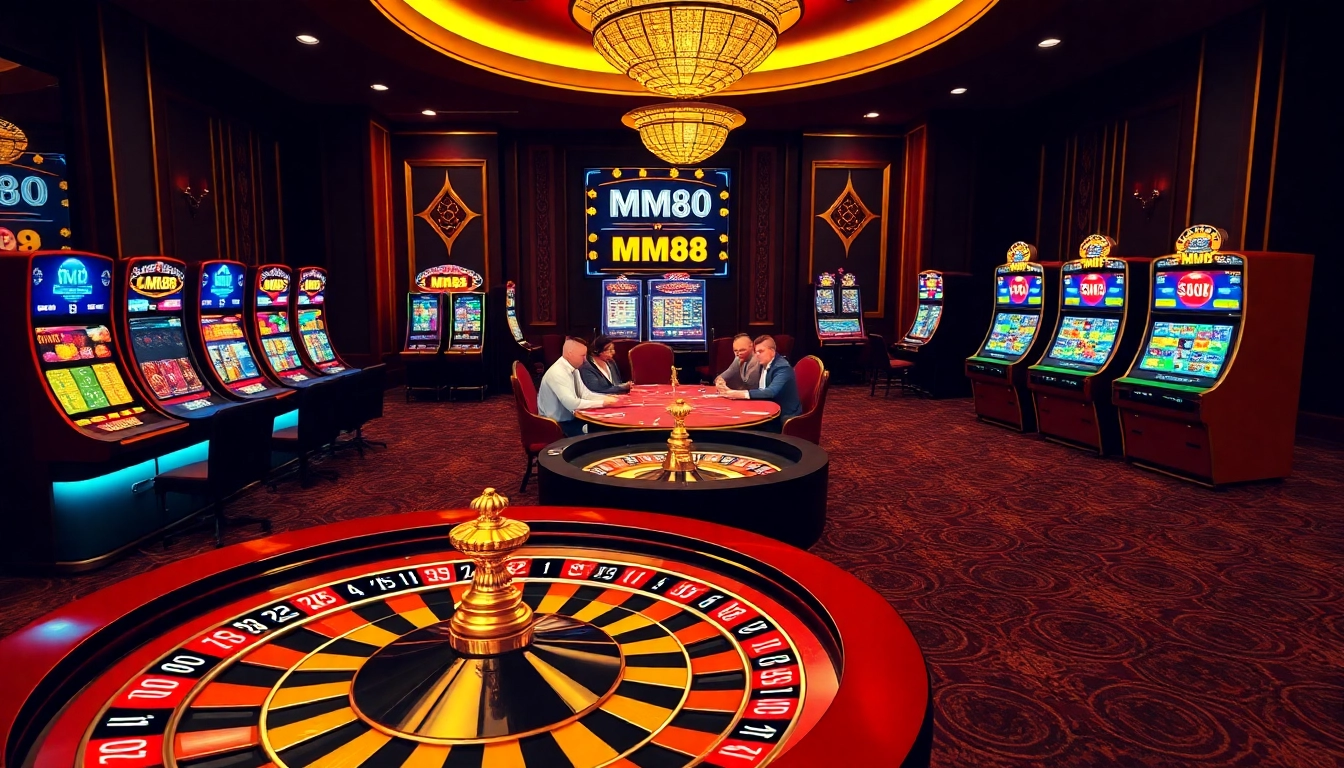 Exciting casino scene featuring MM88 poker action, roulette wheel, and vibrant slot machines.