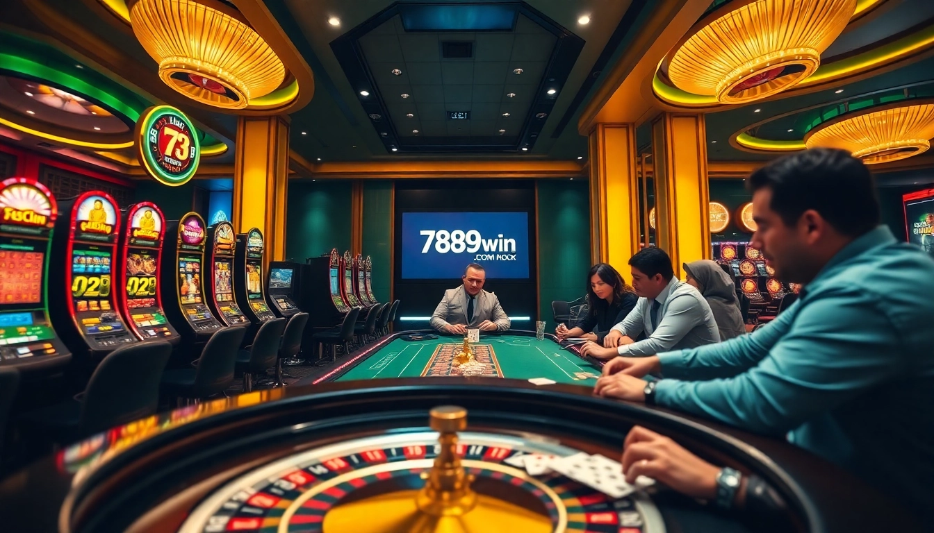 Engaging scene at 789win com casino with roulette, poker, and vibrant gaming atmosphere.