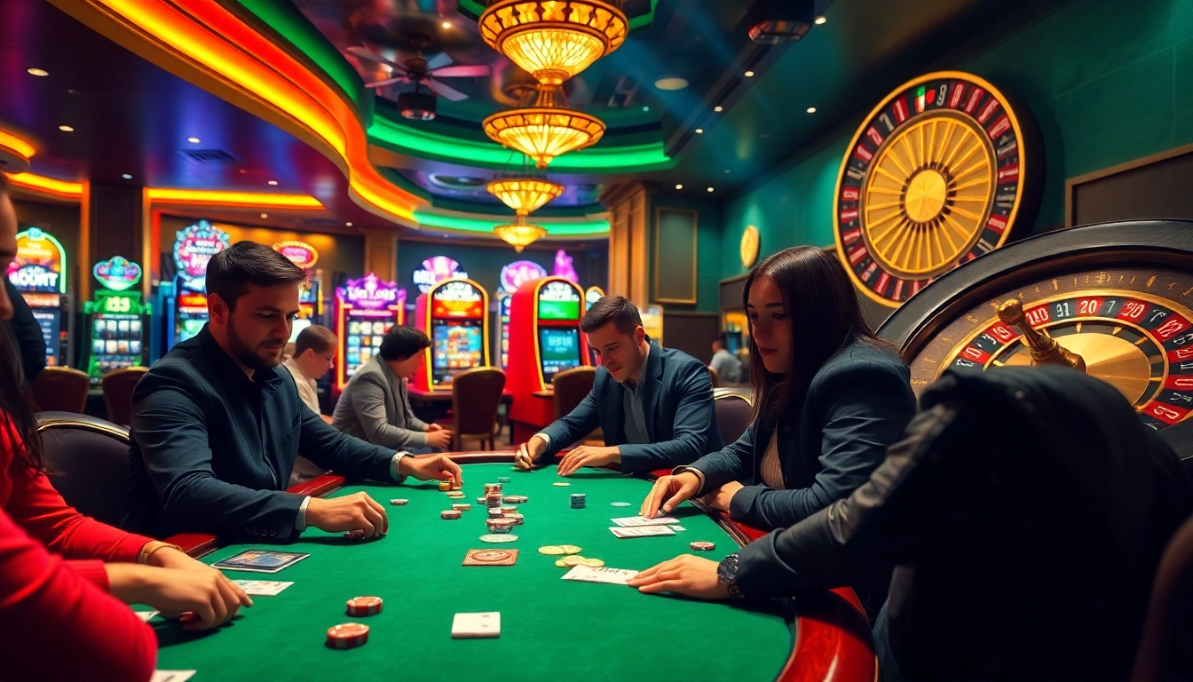 Engaged players at a poker table and vibrant slot machines showcase the thrill of gambling at https://jboqz.com.