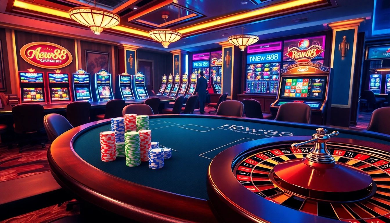 Players engaging at new88 online casino with poker and slot games in a vibrant environment.