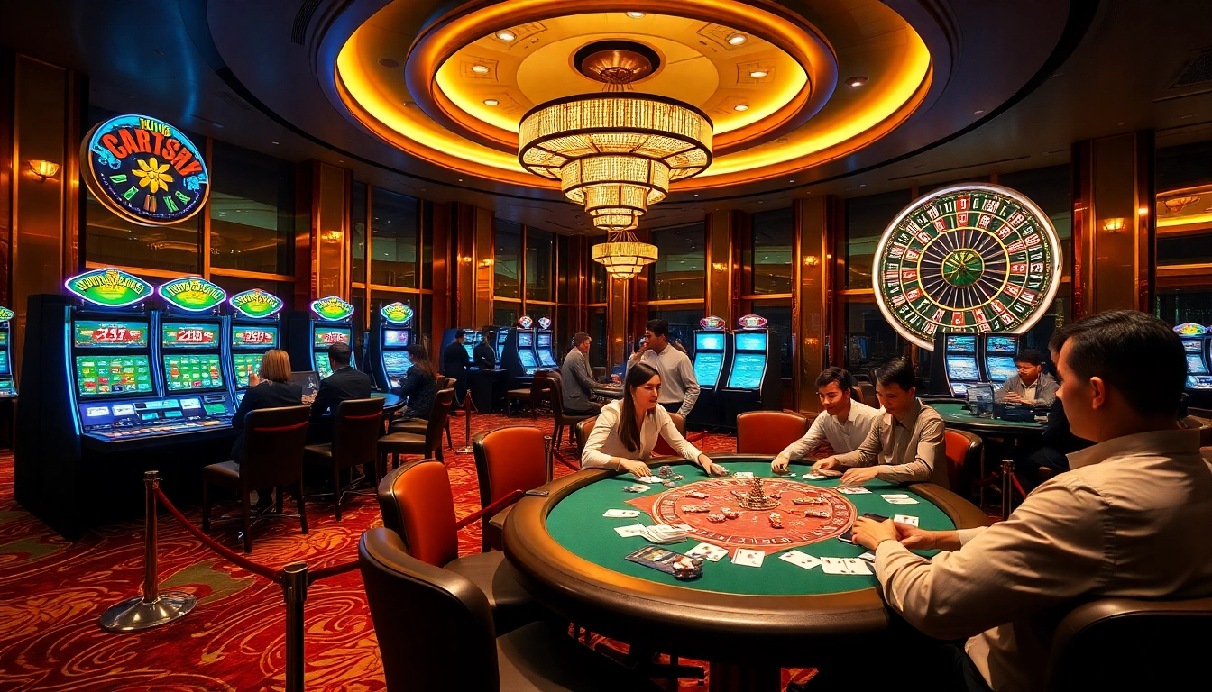 Exciting gaming action at king88 casino with poker tables, chips, and vibrant slot machines.