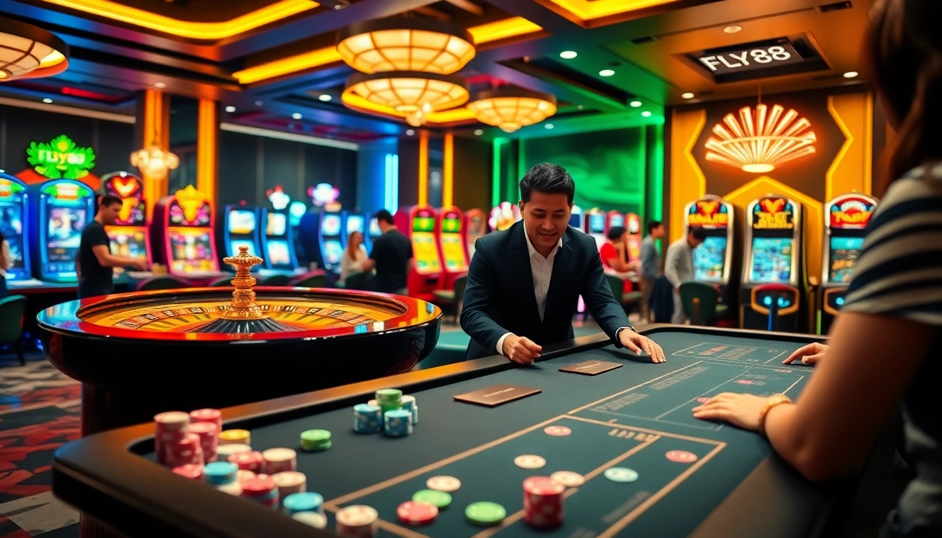 Fly88 players enjoying high-stakes poker at a luxurious casino table.