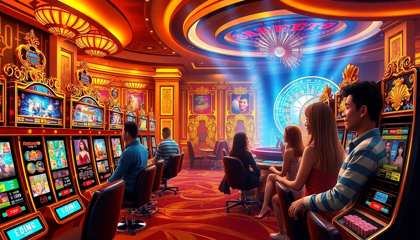 Players engage with birutoto-themed slot machines in a vibrant casino atmosphere, showcasing excitement.
