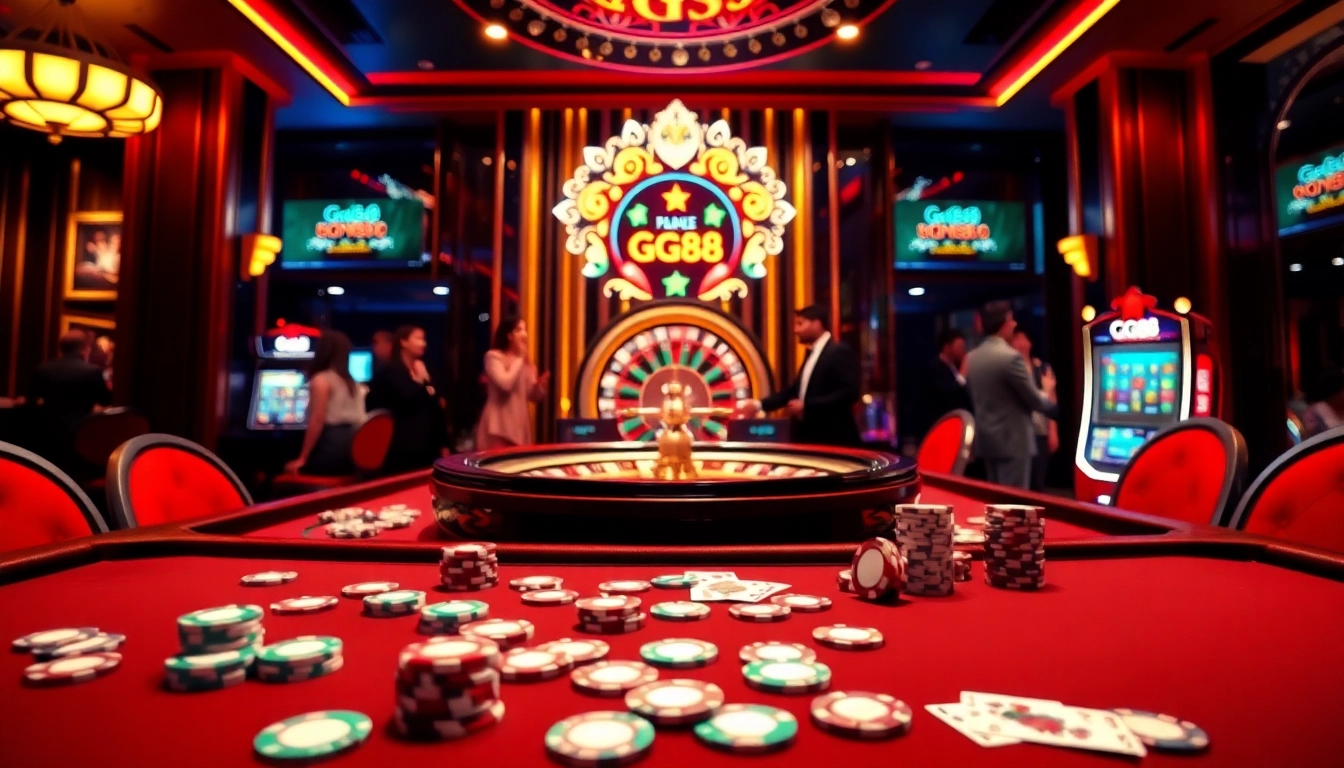 Experience the excitement of GG88 at a luxurious casino table with vibrant gaming elements.