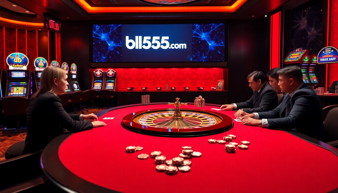 Experience high-stakes excitement at bl555.com with a vibrant casino scene featuring poker and roulette.
