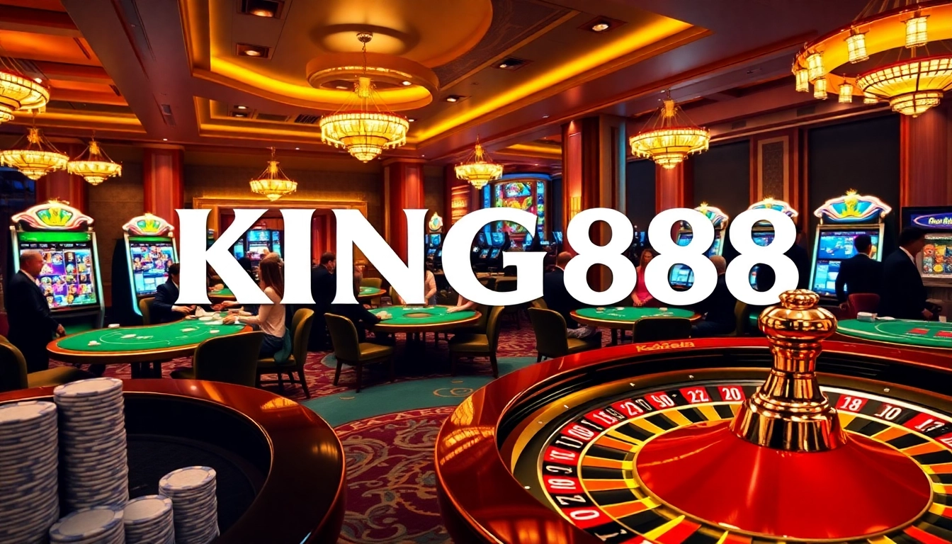 Players engaging with slot machines and card tables at KING88 casino, showcasing excitement and strategy.