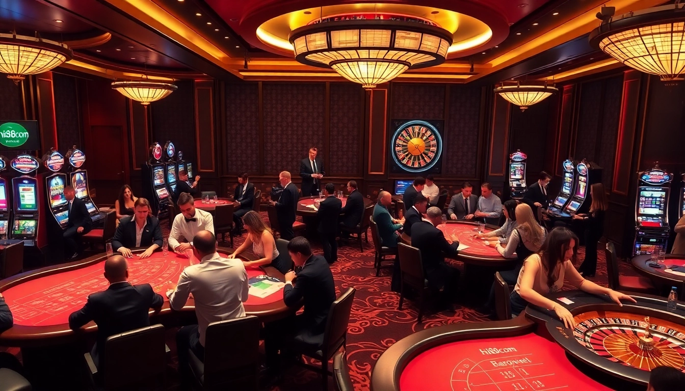 Players enjoying thrilling games at hi88com casino with vibrant gaming tables and slot machines.