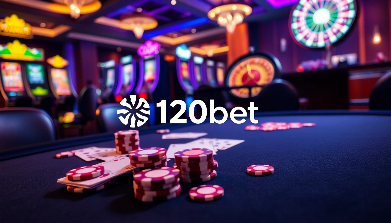 Experience the thrill of winning at 120bet with an engaging casino scene showcasing poker and slot machines.