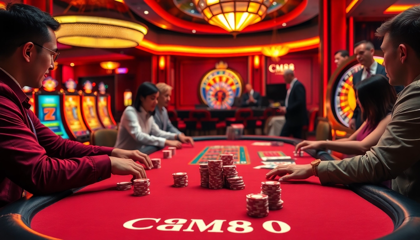 Experience the thrilling action at CM88's poker table with vibrant colors and luxurious casino elements.