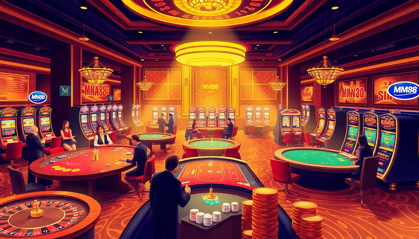 Experience the excitement of MM88 at a vibrant casino with poker tables and slot machines.