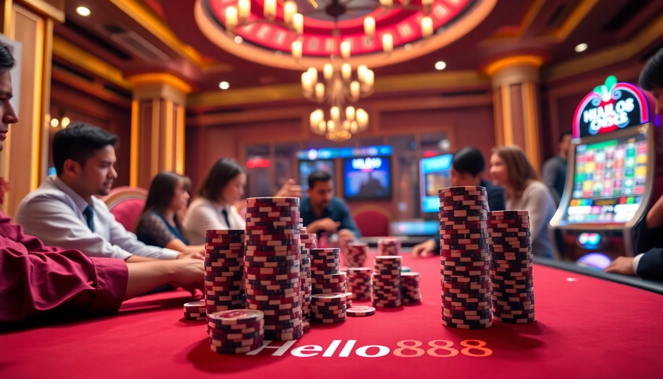 Exciting poker game at Hello88 casino with vibrant chips and roulette wheel.