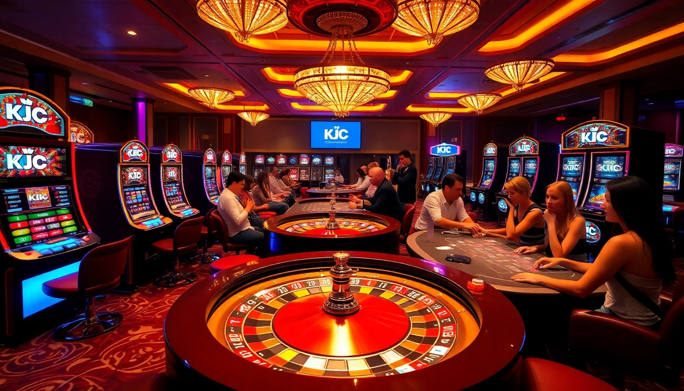 KJC branded casino scene with vibrant roulette wheels and engaged players enjoying luxury gaming.