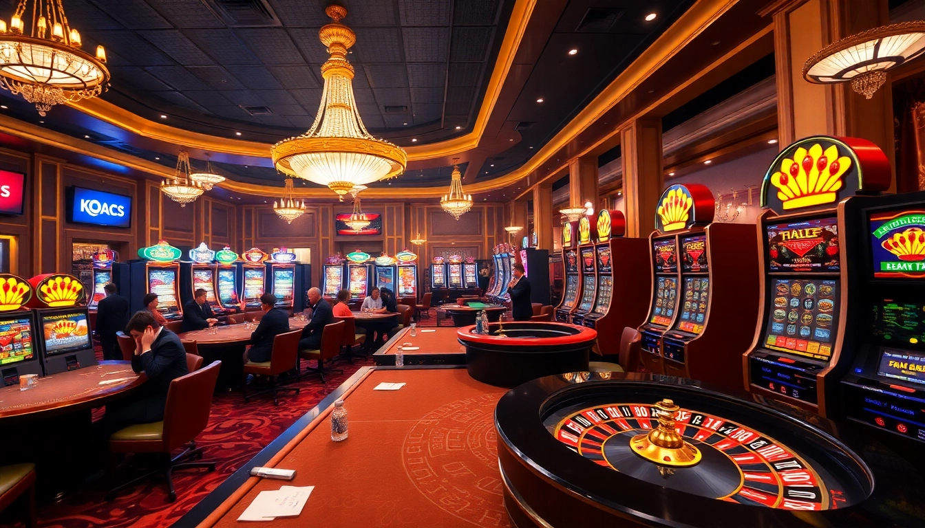 KJC branding showcased in a vibrant casino scene with poker tables and roulette wheels.