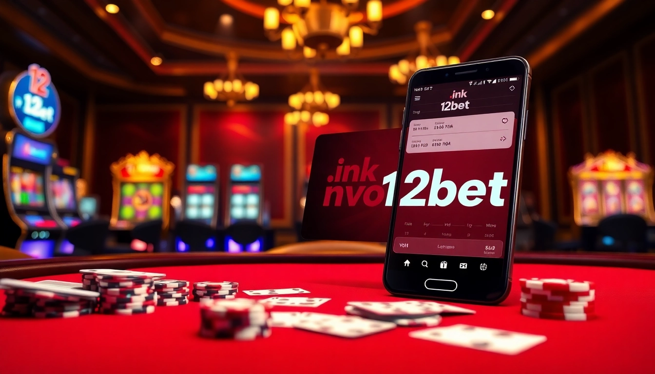 Engaging online gambling scene highlighting ink vao 12bet with a poker table, slot machines, and betting slips.