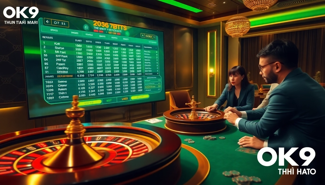 Engaging scene illustrating OK9 THỂ THAO sports betting experience with vibrant casino elements.