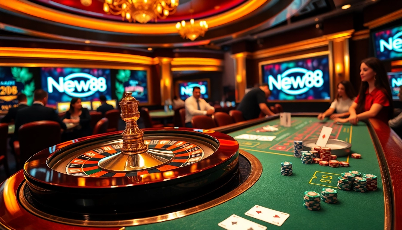 Experience the excitement at https://new88bet.us/ with vibrant casino gaming, featuring roulette wheels and playing cards.