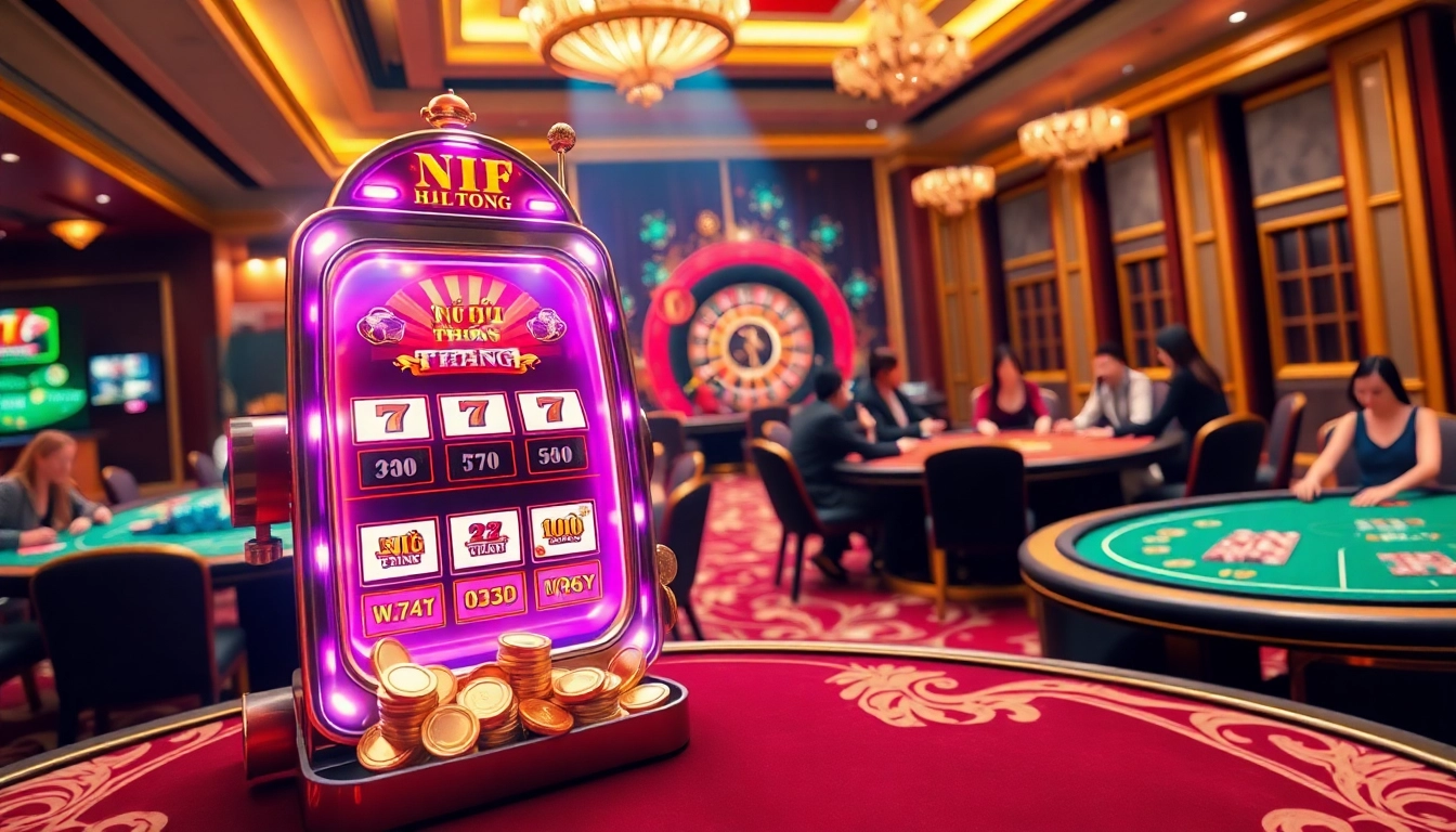 Nổ hũ đổi thưởng slot machine surrounded by casino tables showcasing excitement and luxury.