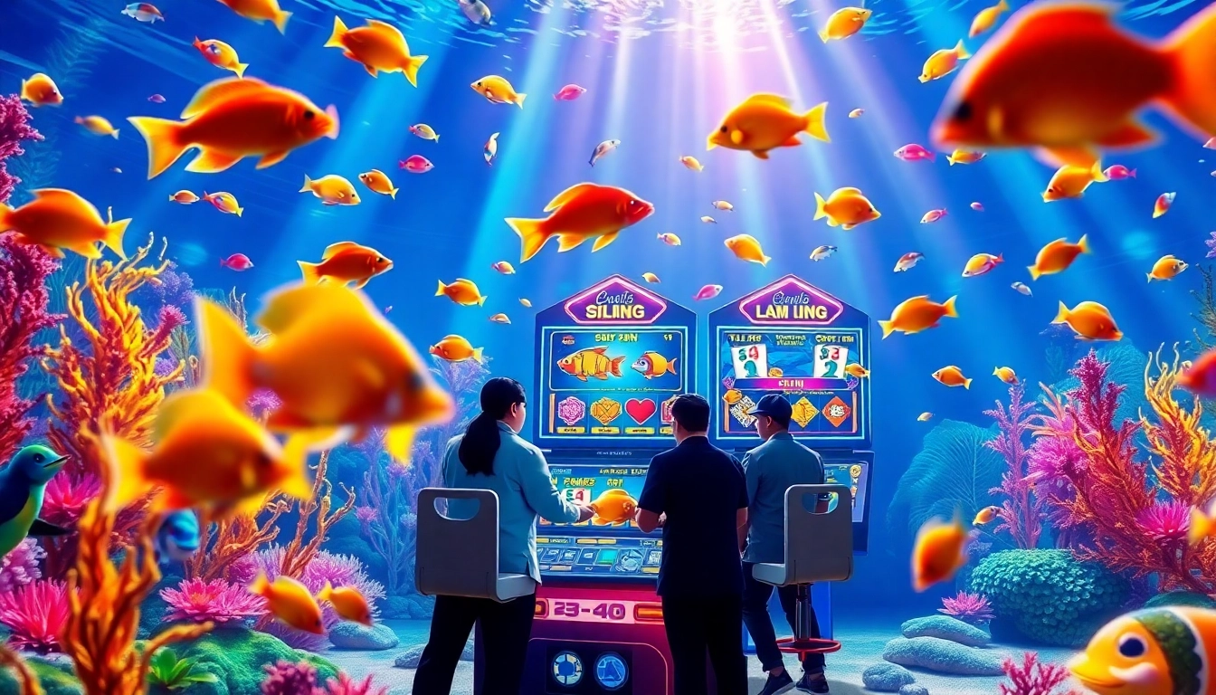 Exciting underwater scene of players engaged in bắn cá đổi thưởng game showcasing vibrant fish and prizes.