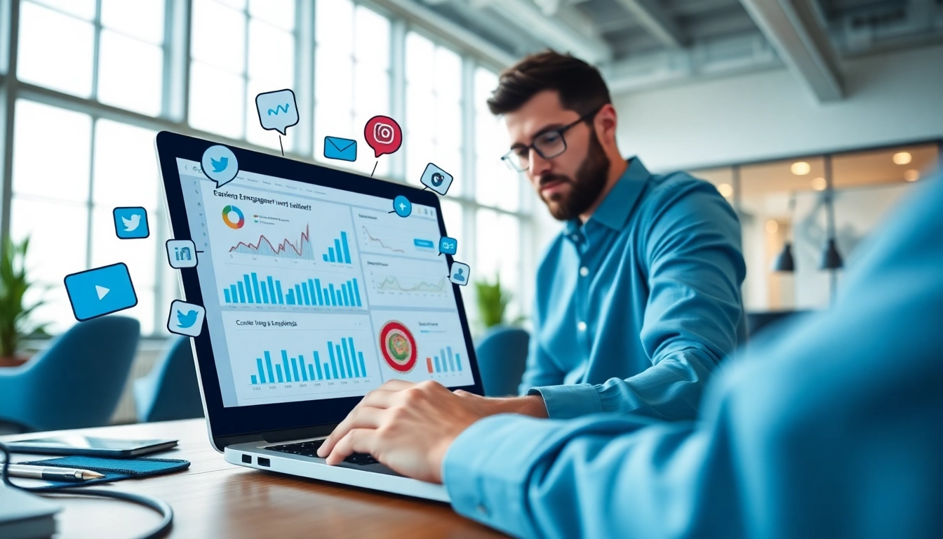 Engaging digital marketing scene showcasing follow in dm strategies with charts and a laptop.
