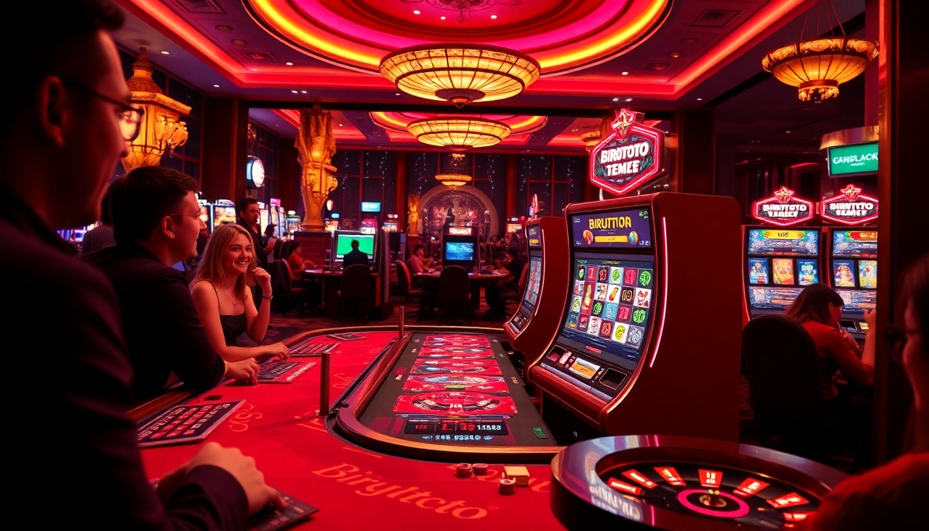 Mesin slot Birutoto dikelilingi oleh para pemain antusias di meja kasino mewah.