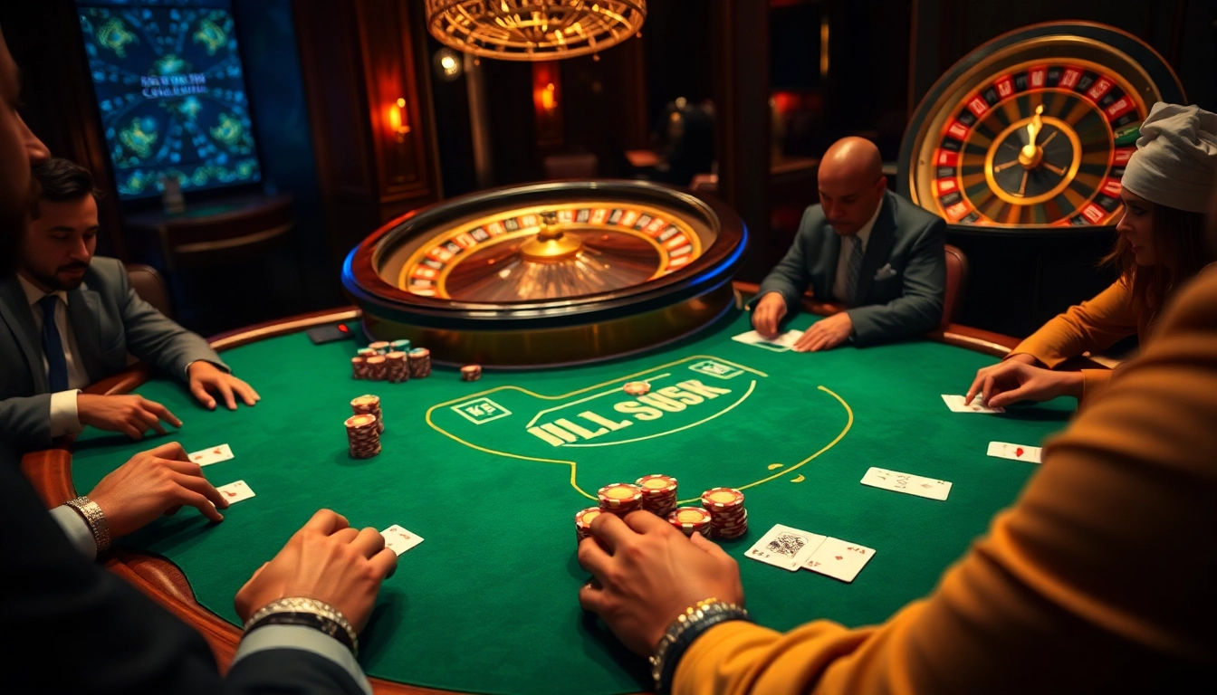 KJC poker players enjoying a thrilling game in a luxurious casino atmosphere.