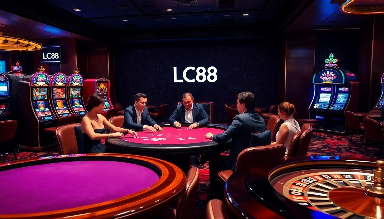 Players enjoying a thrilling poker game at LC88's premium casino setup.