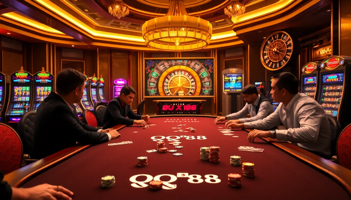 Enthusiastic players enjoy a thrilling QQ88 poker game in a luxurious casino setting.