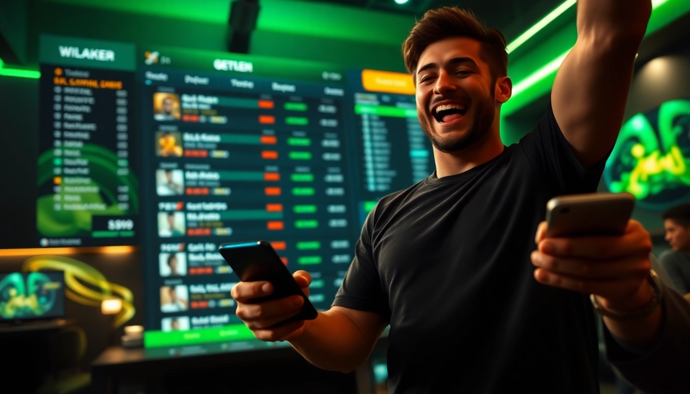 Exciting bolagacor online gambling scene featuring a winning player celebrating with dynamic digital betting options.