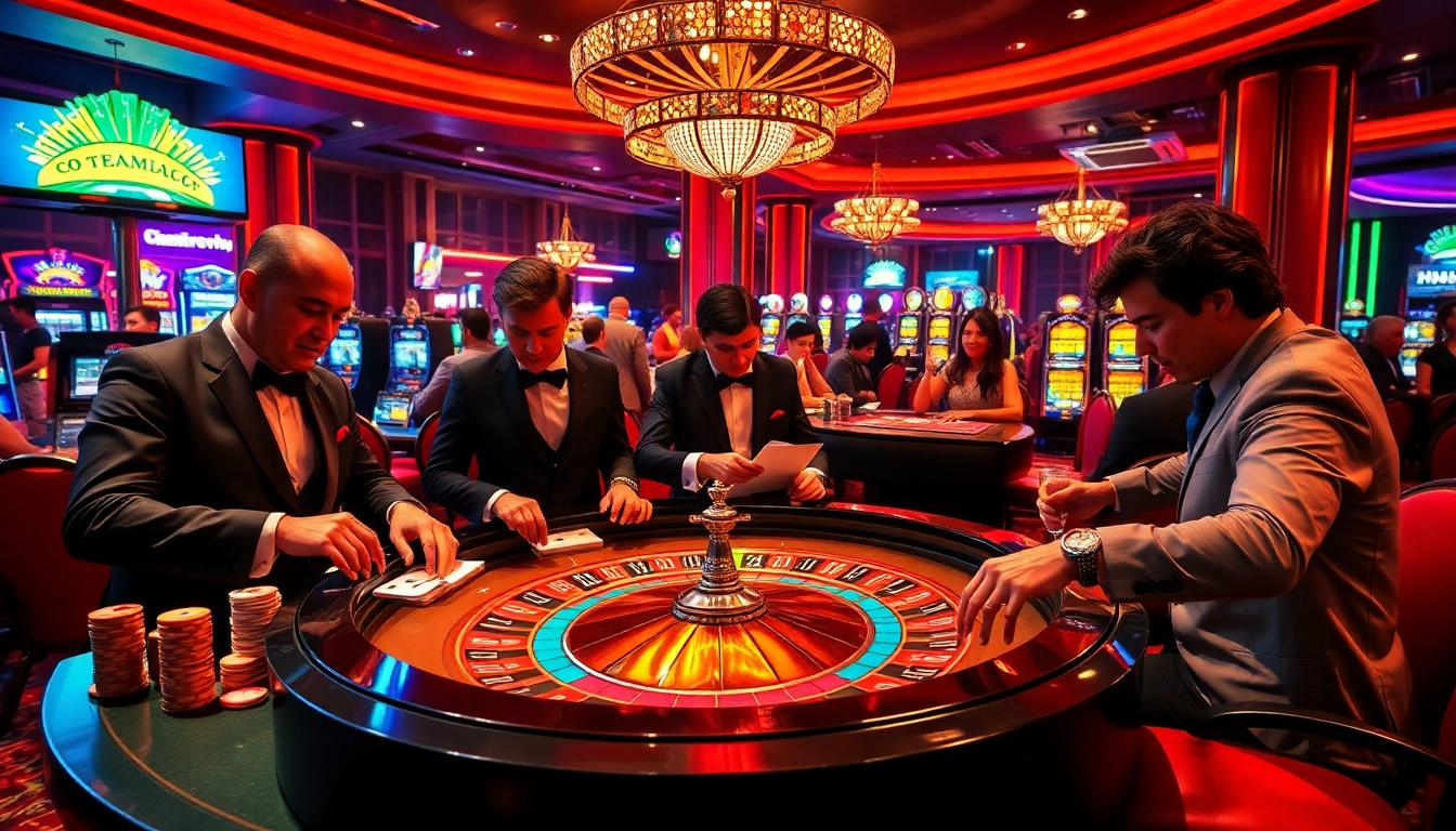 kjc gaming table with vibrant colors and enthusiastic players in a luxurious casino setting