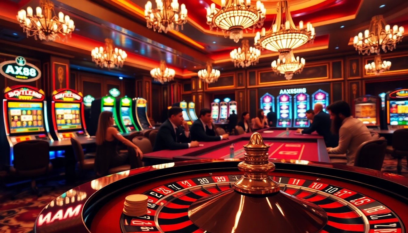 Players enjoying an exciting poker game at AX88 casino, with vibrant slot machines in the background.