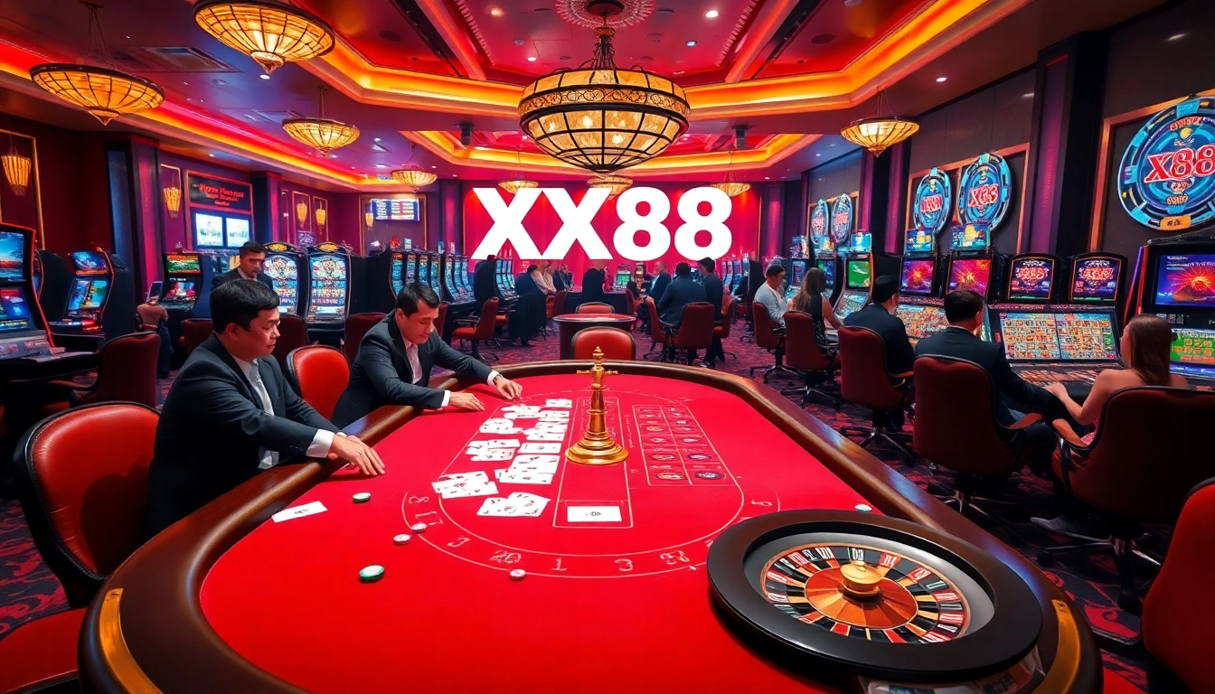 Gambling at a luxury casino table featuring xx88, vibrant atmosphere, and professional players.