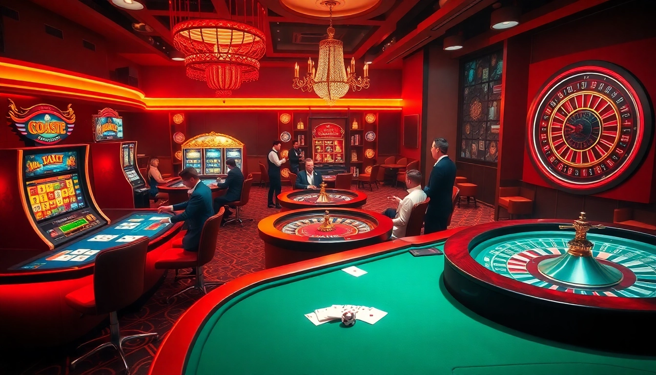 Engaging casino atmosphere showcasing luxury gaming at https://ev88.claims/ with players at tables and vibrant slot machines.