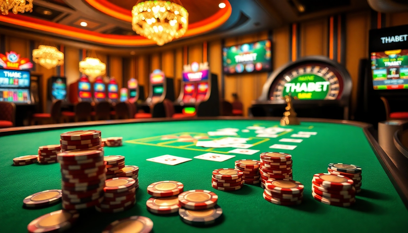 Players enjoying a thrilling game at THABET casino with colorful chips and vibrant slot machines.