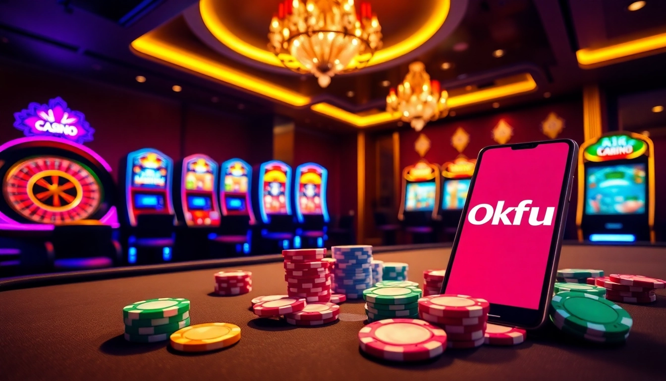 Okfun casino players engaging with poker chips and vibrant slot machines in a luxurious setting.