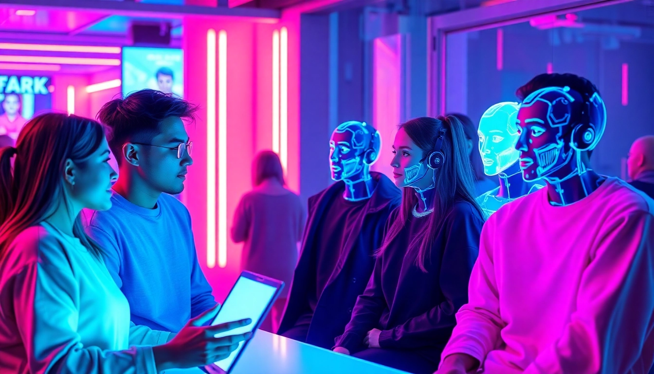 Interactive scene illustrating free sex ai with diverse characters engaging in AI chats.