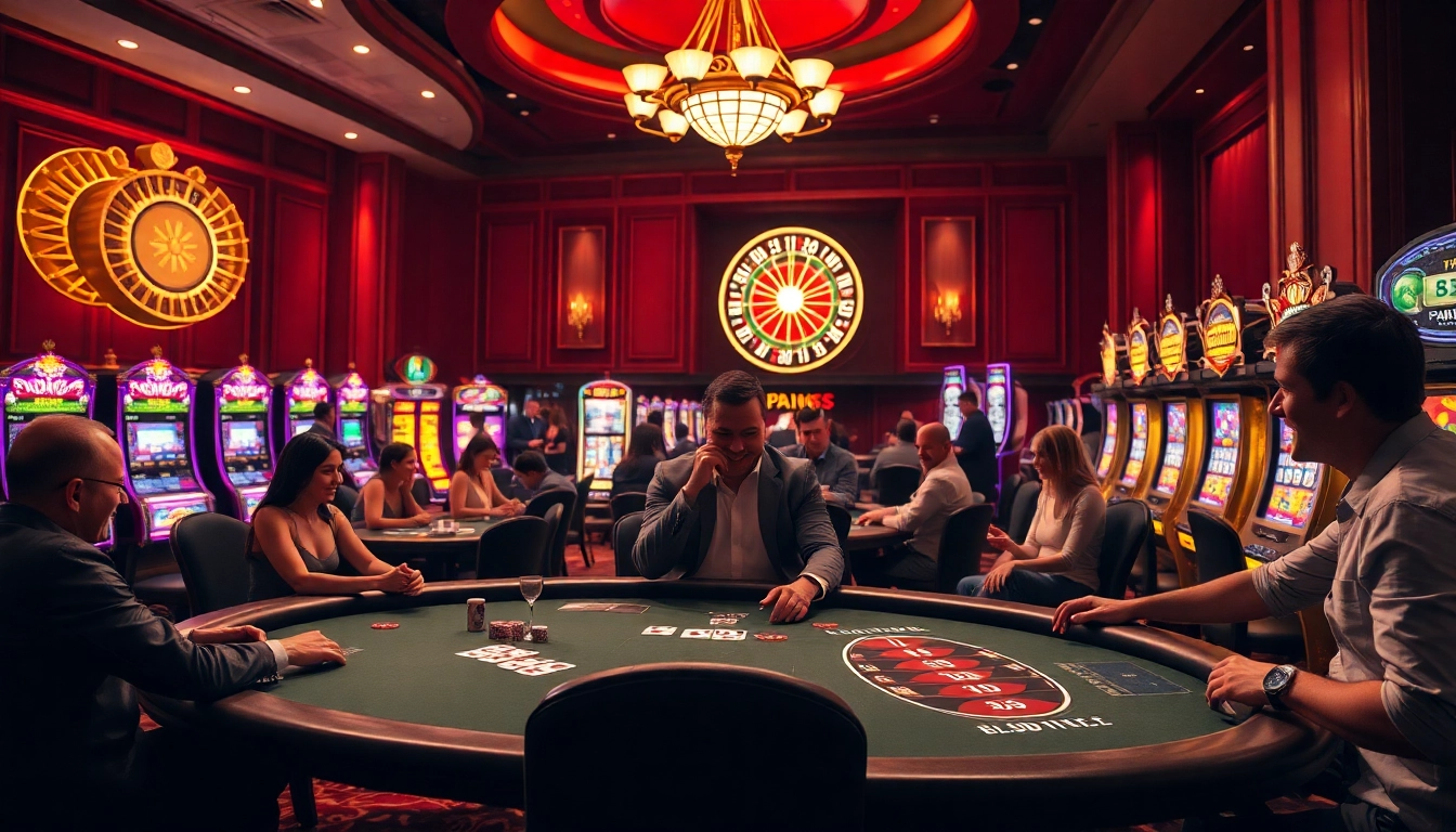 Action-packed gaming at 22JL casino with poker tables and vibrant slot machines.