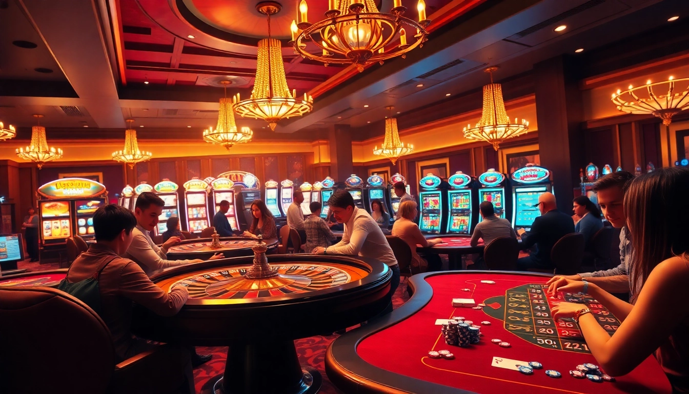 Players enjoying an exciting game night at 5Z7779 casino, with vibrant tables and glamorous decor.