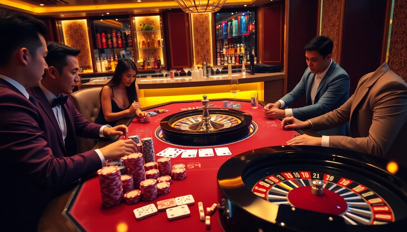 Engage in exhilarating gameplay at Nhà Cái BJ888 with glamorous casino setup featuring poker chips and cards.