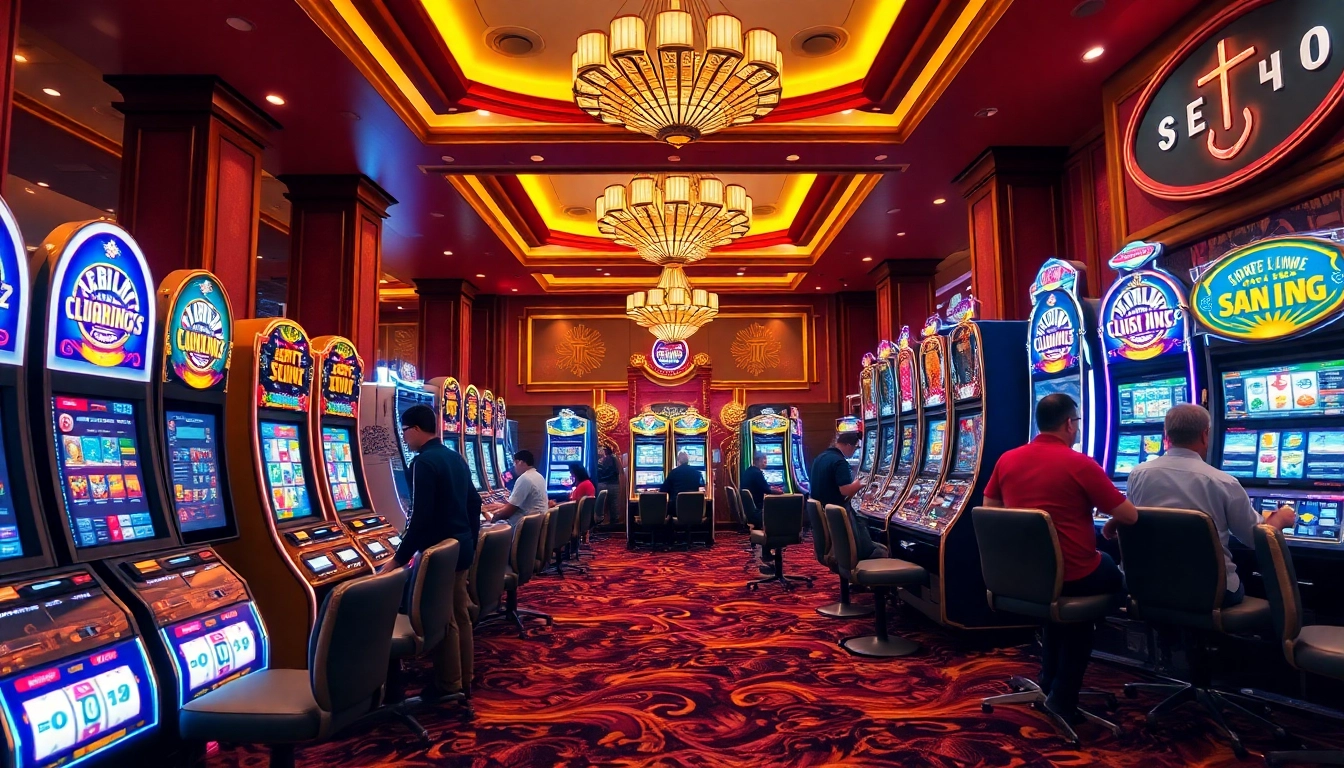 Engaging players at a luxurious 슬롯사이트 showcasing diverse slot machines and vibrant casino atmosphere.