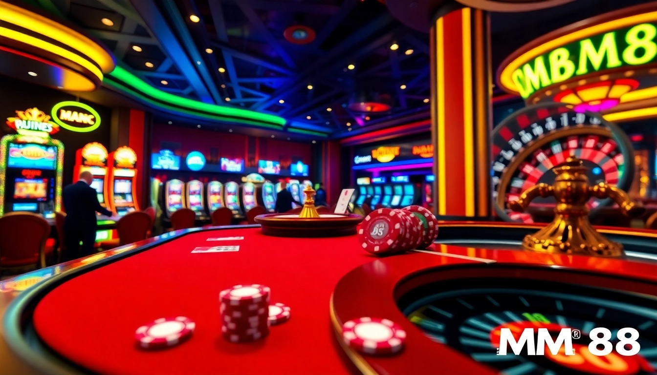 Players enjoy high-stakes poker at MM 88, surrounded by vibrant casino elements and excitement.