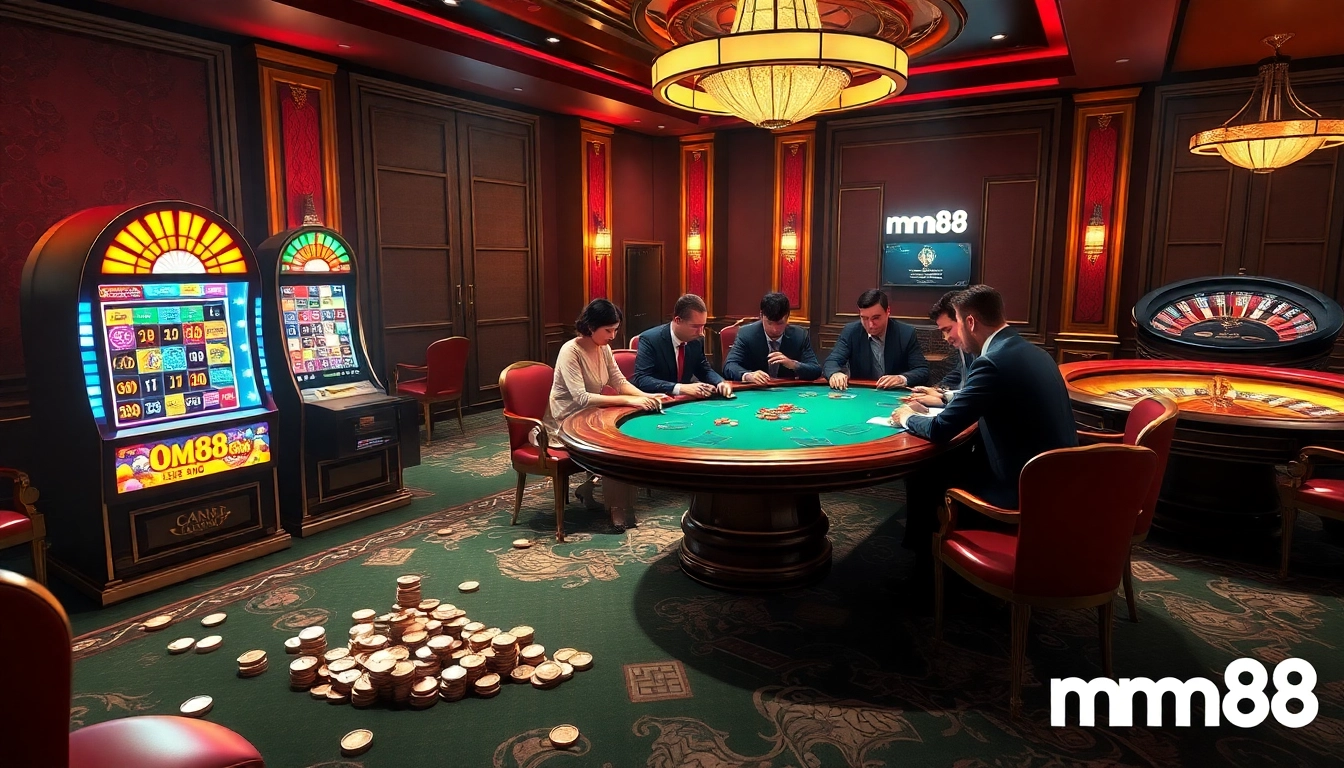Engage in thrilling gameplay at the mm88 casino featuring poker tables, vibrant slot machines, and roulette.