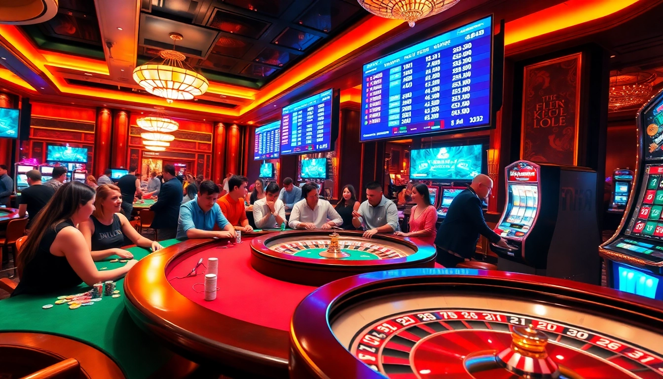 Players enjoying a thrilling game at https://xx88casino.com with vibrant slot machines and poker tables.
