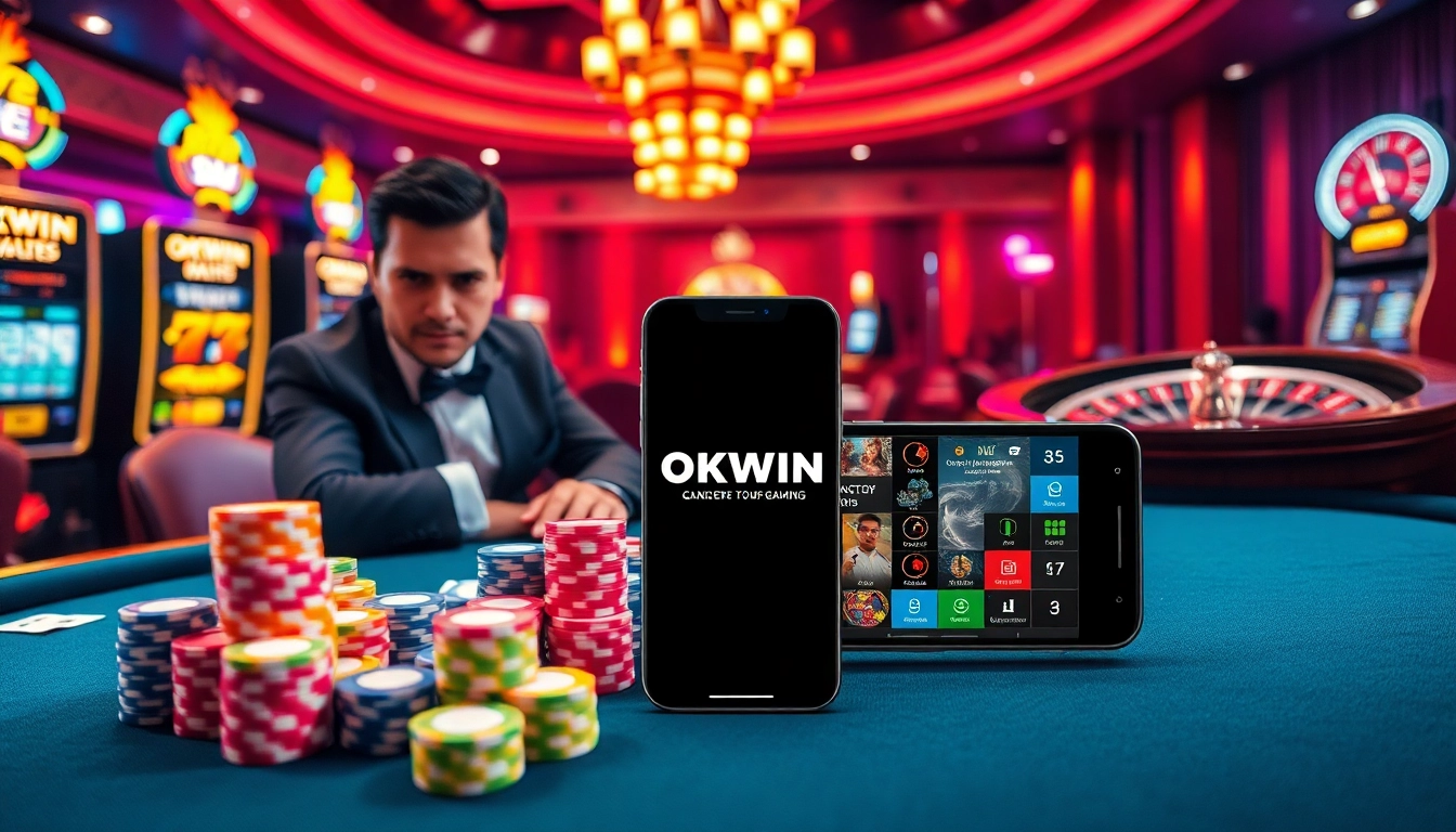 Engaging players at a poker table showcasing the OKWIN app in a luxurious casino setting.