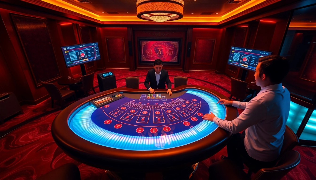 에볼루션 바카라의 화려한 라이브 게임 테이블과 딜러의 상호작용을 담은 장면입니다.