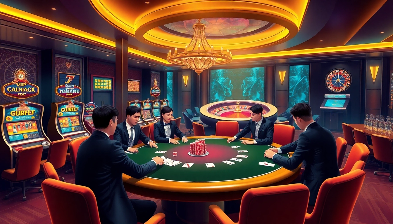 High-stakes poker players enjoying the luxury of Clube VIP HHBET at an elegant casino table.