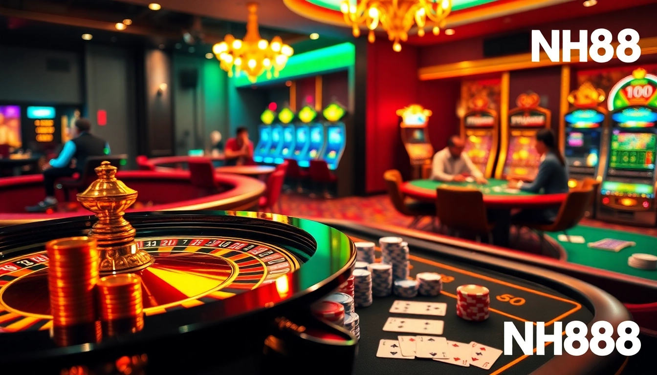 Engaging casino scene with roulette and poker tables showcasing NH88VN's thrilling gambling experience.